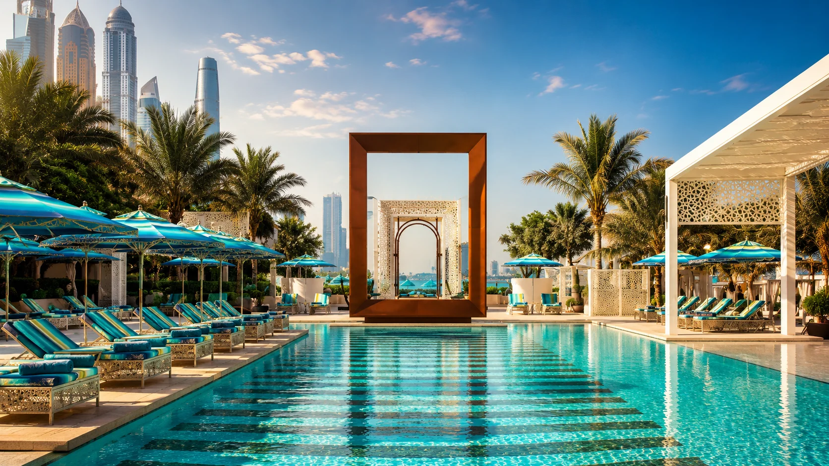 Palm-lined beach club pool