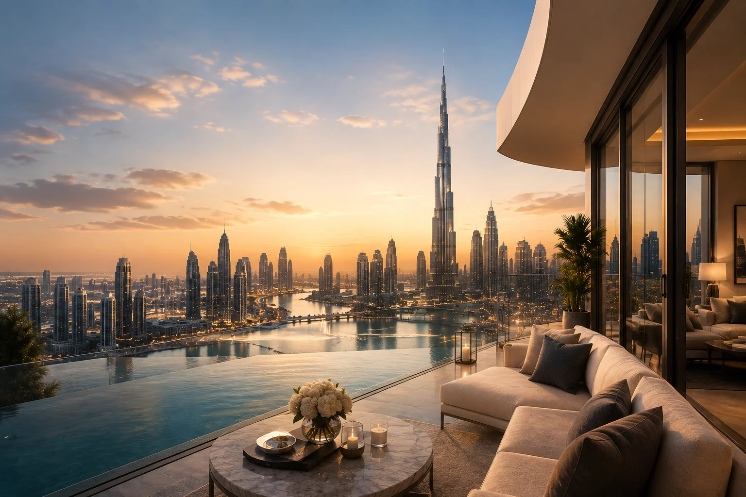 Penthouse terrace overlooking the Dubai skyline